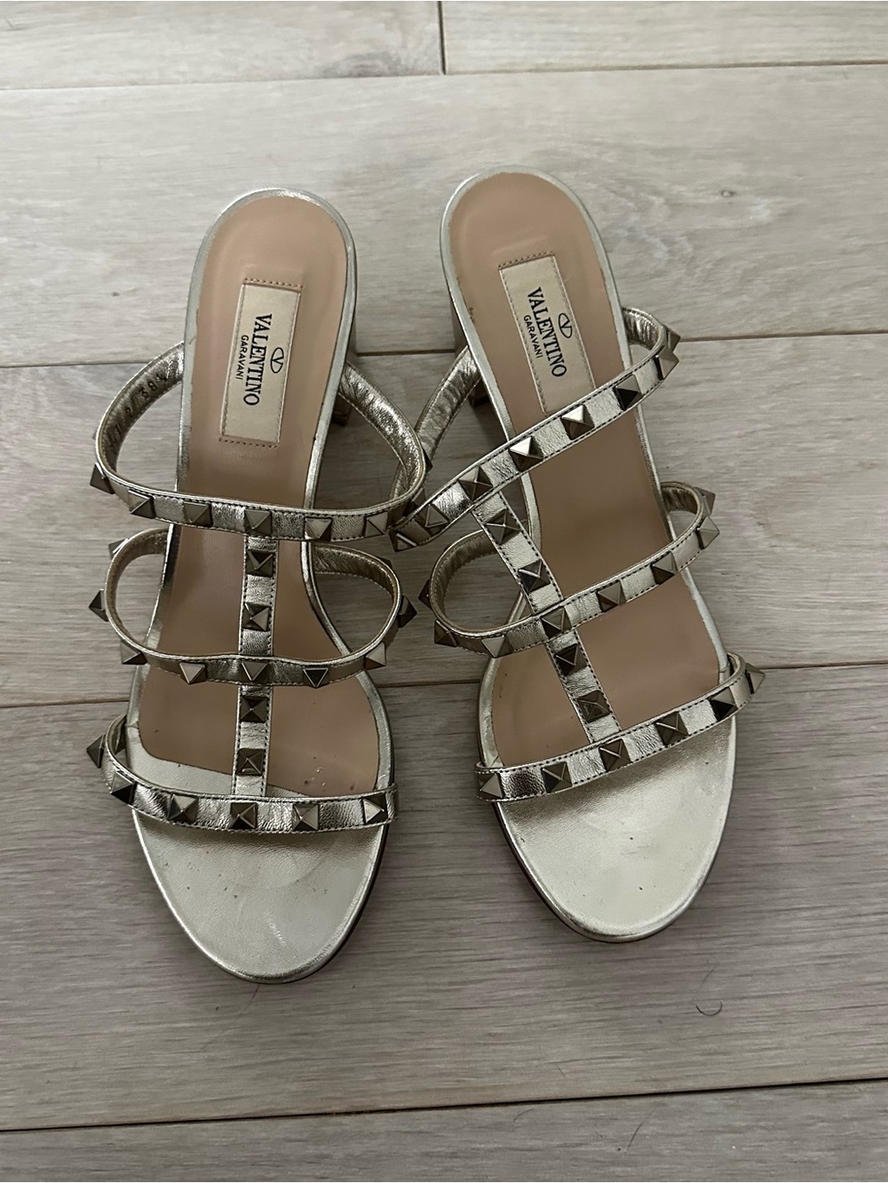 Valentino Garavani Metallic Gold Rockstud Multi-Strap Mule Sandals